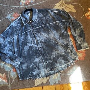 CATO Tie Dye Cotton Shacket with Frayed Seam/Edge Detailing
